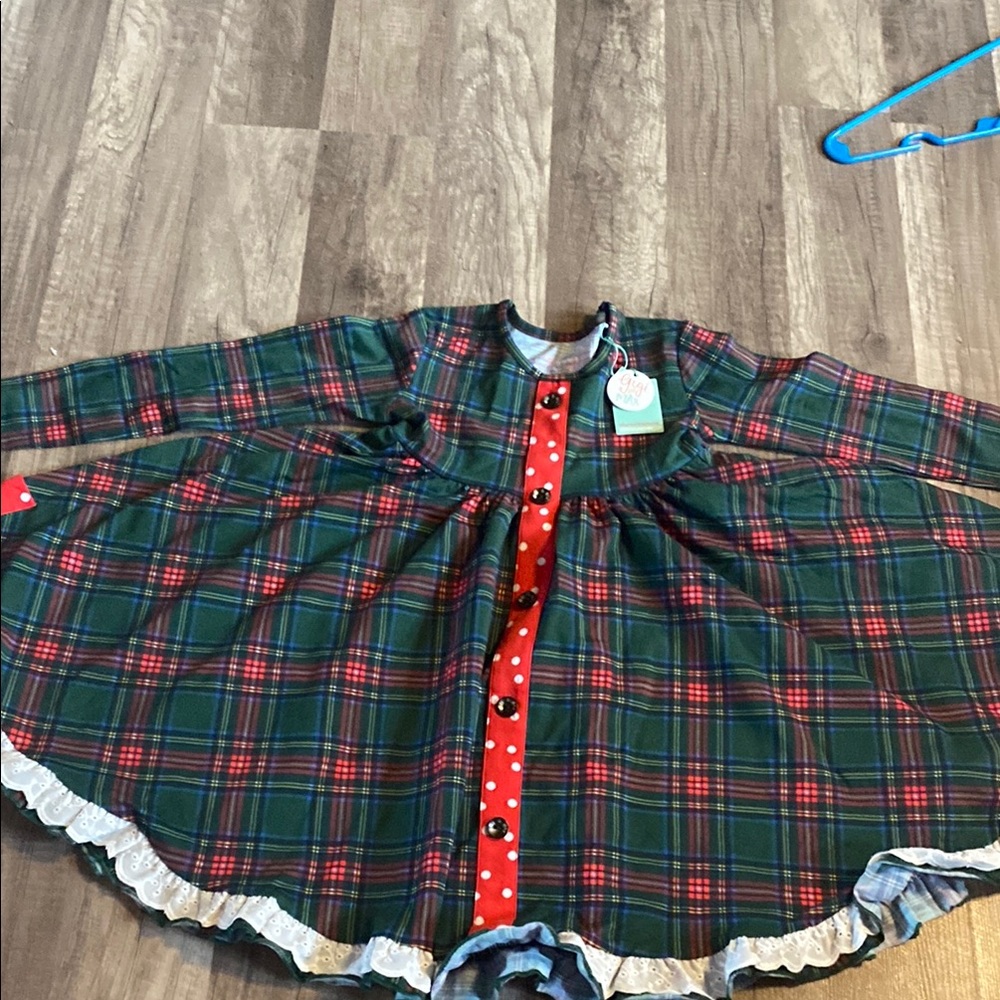 Plaid Long Sleeve Dress with Red Accents